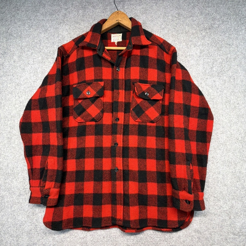 Vintage Brent Shirt Medium Red Black Buffalo Plaid Flannel Wool 50s 60s